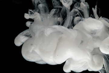 Abstract paint splash isolated on black background. Acrylic ink in water. selective focus.