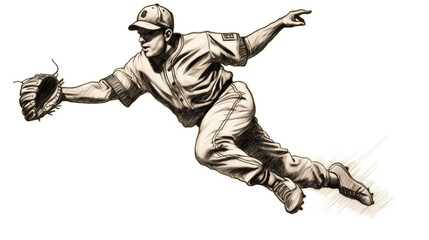 Obraz na płótnie Canvas Illustration of baseball player in a vintage uniform running to catch a ball. This image was created using AI generative technology. 