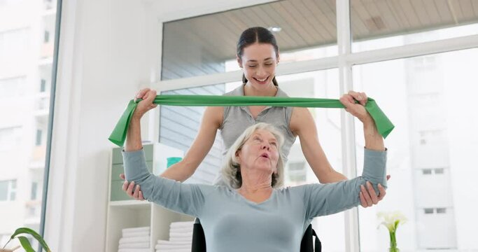Senior woman with disability, physiotherapy and stretching band for muscle rehabilitation, healthcare assessment and chiropractor services. Physiotherapist, medical support and patient in wheelchair