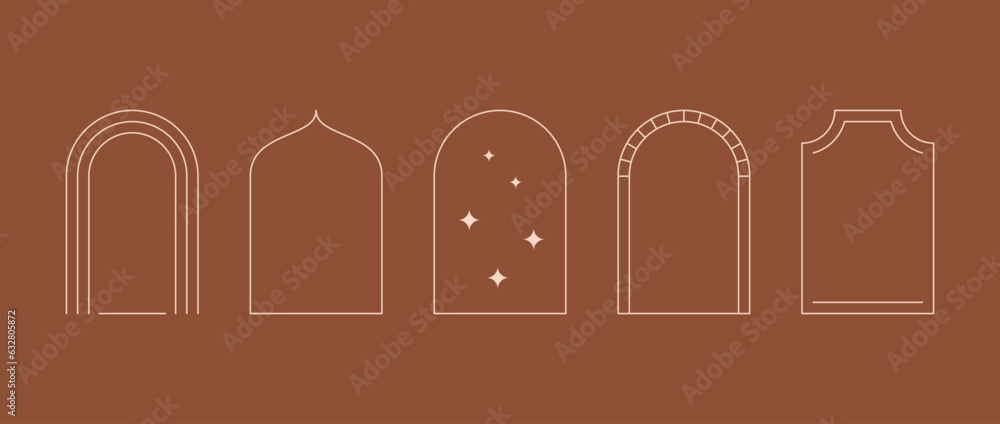 Poster Linear arch frame set in minimal boho style. Bohemian decorative ornamental border collection for badge, logo, card, poster, banner, post. Line arc elements with stars for design template. Vector pack