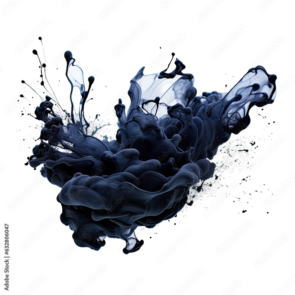 Wall mural splattering ink blot frozen in an abstract futuristic 3d texture isolated on a transparent backgroun