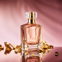 Obraz na płótnie Canvas Perfume bottle with rose flower on pink background