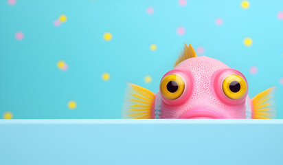 funny the fish pink in the water for contents. copy text space. on colorful pastel background.