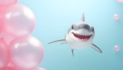 funny The shark smiling In the theme birthday party. for contents. copy text space. on colorful pastel background.