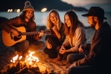 Blurred group of young people having fun sitting near bonfire on a beach at night playing guitar singing songs. Generative AI