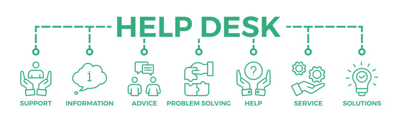 Help desk banner web icon vector illustration concept with icon of support, information, advice, problem solving, help, service and solutions	