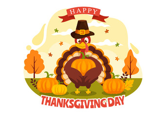 Happy Thanksgiving Day Vector Illustration with Turkey Bird, Pumpkin, Leaves and Many Others Elements Background Flat Cartoon Hand Drawn Templates