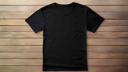 Black t-shirt mockup on wooden background.