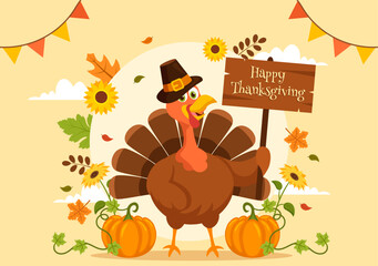 Happy Thanksgiving Day Vector Illustration with Turkey Bird, Pumpkin, Leaves and Many Others Elements Background Flat Cartoon Hand Drawn Templates