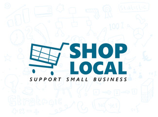 Support small business concept illustration. shop local banner idea with shopping cart icon and doodle art vector background.