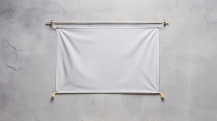 white canvas hanging on a rope on white brick wall background, mock up