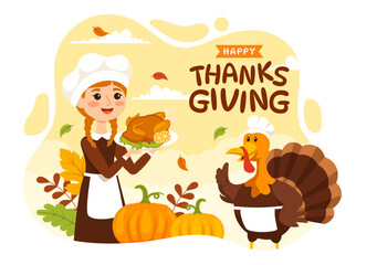 Happy Thanksgiving Day Vector Illustration with Turkey Bird, Pumpkin, Leaves and Many Others Elements Background Flat Cartoon Hand Drawn Templates