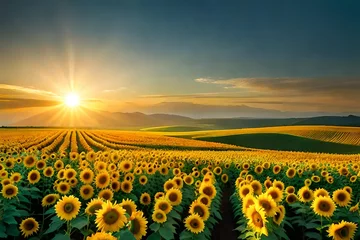 Papier Peint photo autocollant Prairie, marais field of sunflowers at sunset generated by AI tool