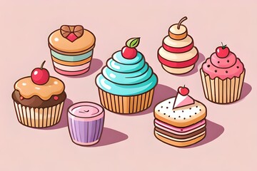 Set of sweet icons in kawaii style generated by AI tool