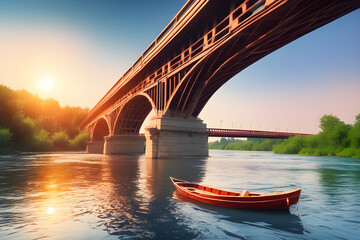 hot summer, river, 4K, boat,bridge, Generative AI