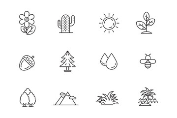 Set of nature icons and symbol line style isolated on white background