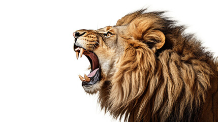 Roaring lion, side view, white background.