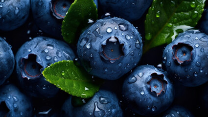 Top view of bright ripe fragrant blueberries with water drops background