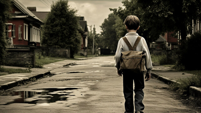 Scene of a boy going school. Modified generative AI image.