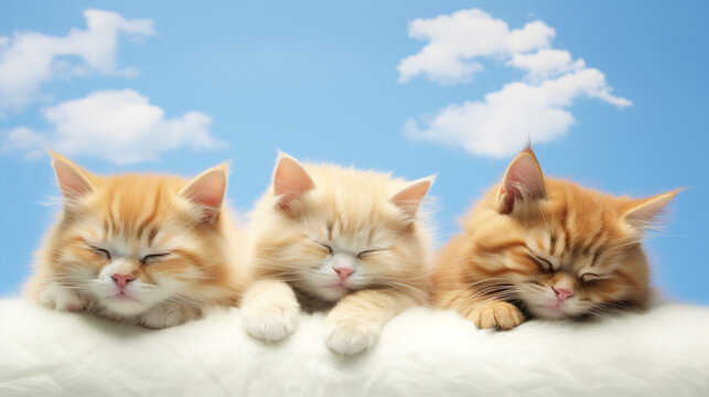 Sleeping 3 kittens on cushion, low angle,sky background. Modified generative AI image.
