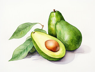 A Minimal Watercolor of Avocados on a White Background