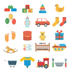 Baby items icon set, flat style
