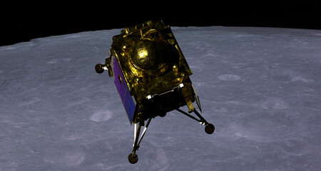 Artist depiction of the the Chandrayaan 3 lunar mission from India. The Vikram lander orbiting the Lunar surface (3d illustration). Some elements provided by NASA. © Raymond