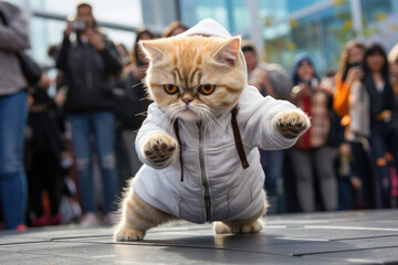 a kitten talented street performer showcasing their breakdancing skills, ai generated.