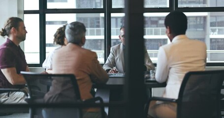 Businessman, coach and meeting in corporate discussion for teamwork strategy or ideas at the office. Senior man, CEO or executive training staff in team presentation for collaboration at conference