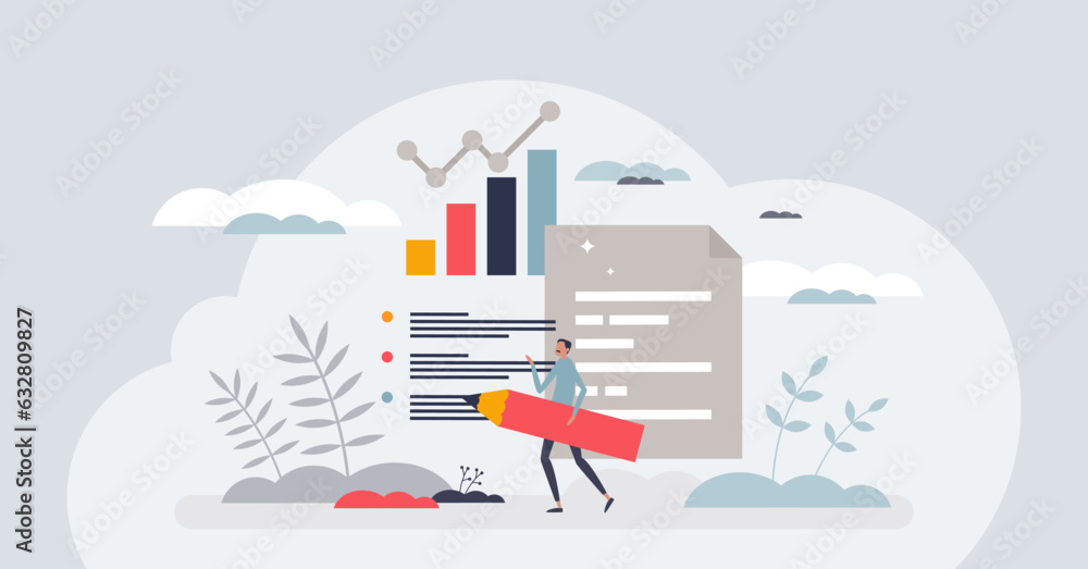 Poster analysis and statistic information or data review work tiny person concept. economical finance graph