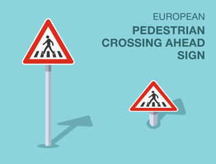 Traffic regulation rules. Isolated european pedestrian crossing ahead sign. Front and top view. Flat vector illustration template.