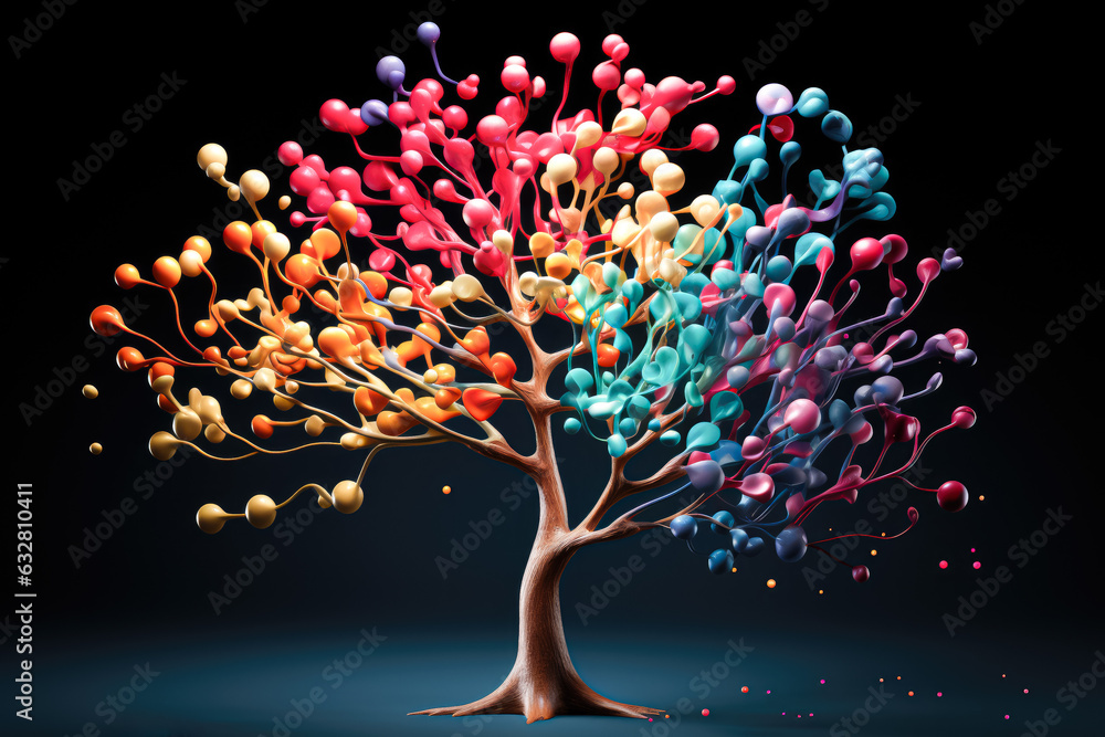 Poster abstract tree with colorful balls on a black background