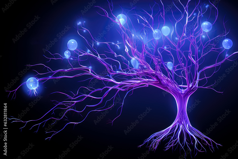Poster abstract tree with colorful balls on a black background