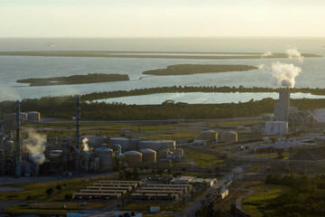 Aerial view of factory for handling and processing of phosphates. Mosaic Riverview Plant in Tampa,...