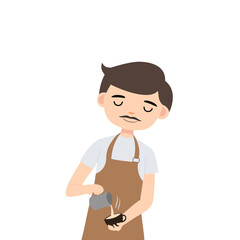 male barista character pouring milk into coffee