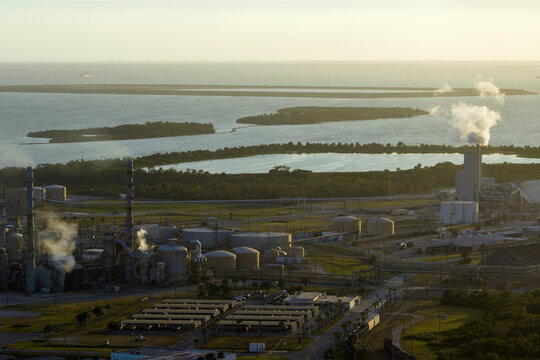 Aerial view of factory for handling and processing of phosphates. Mosaic Riverview Plant in Tampa, Florida. Industrial facility for chemical production of phosphoric acid