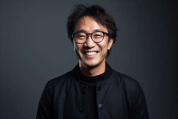 Obraz premium Dark Black tone of businessman standing Isolated on dark background. Portrait of young handsome Asian guy in formal black business suit. Generative AI.