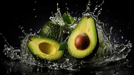 flying fresh avocado hit by splashes of water with black blur background