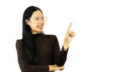 happy asian woman in black shirt wearing virtual glasses isolated on white background. business technology concept.