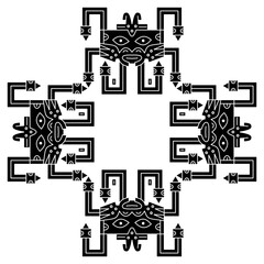 Geometrical tribal cross shape ornament or square frame. Native American art of Nazca Indians from ancient Peru. Black and white negative silhouette.