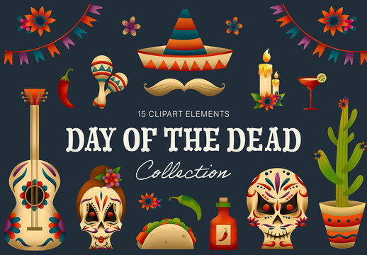 Mexican Day of The Dead Clipart Illustrations Set
