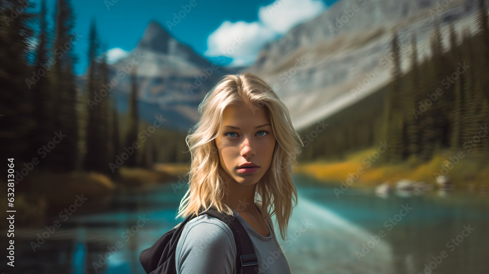 Wall mural Portrait of young woman with backpack hiking over a lake. photo of girl with curly hair looking to camera over lake background