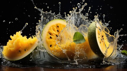 Fototapeta na wymiar fresh cut water melon splashed with black background and blur