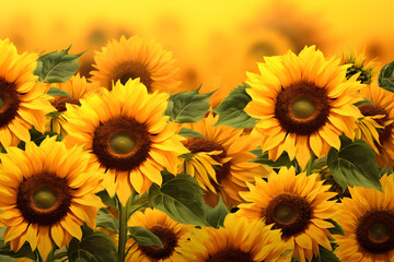 Beautiful field of blooming sunflowers against sunset golden light landscape background