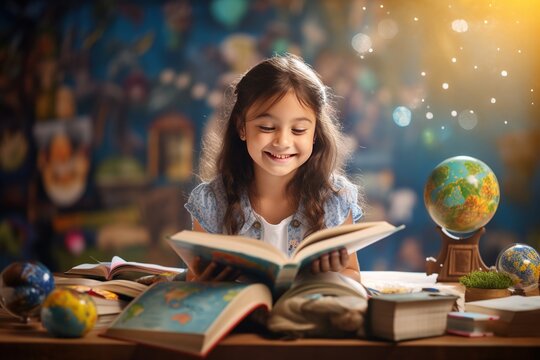 Cute children baby girl smiling and reading book in living room at home night lighting. Education learning at home concept. Generative by AI.