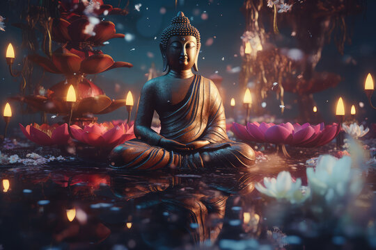Lotus flowers and gold buddha statue, generative AI	
