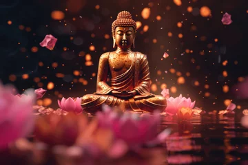 Zelfklevend Fotobehang Lotus flowers and gold buddha statue, generative AI   © Kien