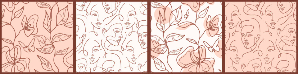 Set of modern beauty and floral seamless patterns.Tile backgrounds with Line art flowers, leaves and female faces. Beige, brown, nude tones. Graphic for fabric. Wrapping paper for self care goods.