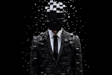 The image of man breaking into pieces look like cube mosaic symbolizes confusion, suspicion, pressure, depression of working people. Generative AI.