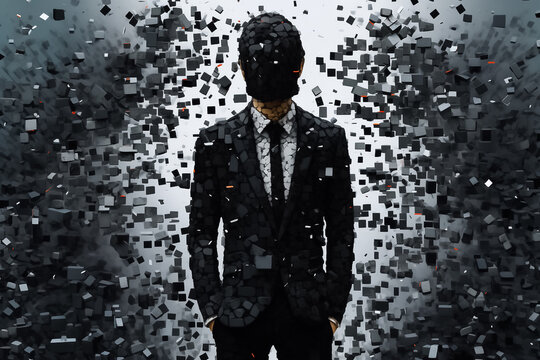 a man fragmented into cube-like pieces, forming a mosaic that represents feelings of confusion, suspicion, pressure, and depression experienced. Generative AI.